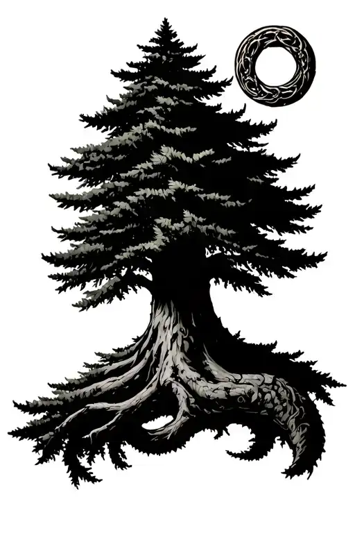Evergreen Tree With Ouroboros Background Black