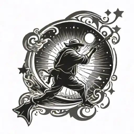 Sun And Moon With Silhouette Of Man Fishing For Stars