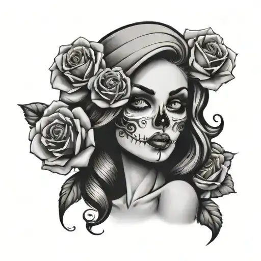 Pin Up Girl Skull Roses