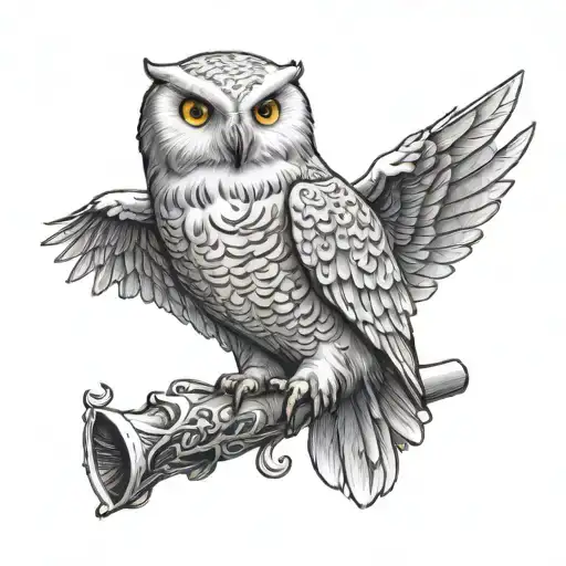 Flying Snowy Owl Hedwig With Scroll In The Claw And A Felix Felicis Drinking From The Other Claw