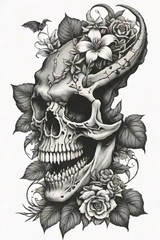 Dinosaur Skull With Flowers And Plants