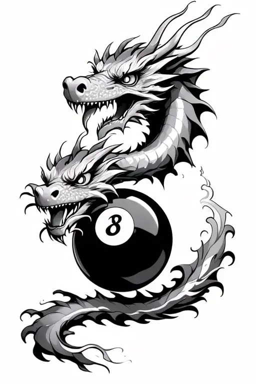Eight Ball With Dragon Firing No Background Black And White