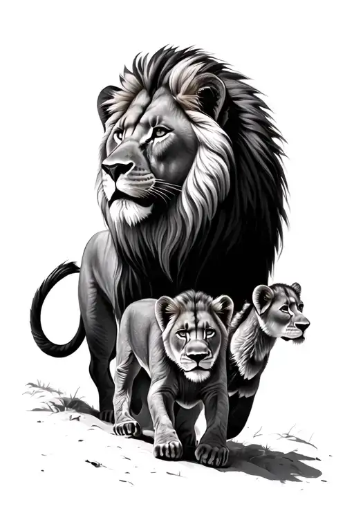 Lion Head With 2 Cubs Walking