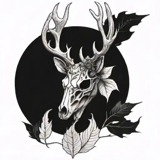 Deer Skull With Antlers And Leafs