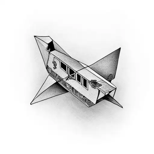 A Black And Grey Tattoo Of A Paper Airplane Flying Over The Canals Of Amsterdam