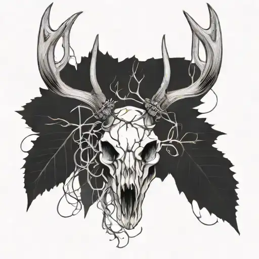 Deer Skull With Antlers With Bare Wire And Vines