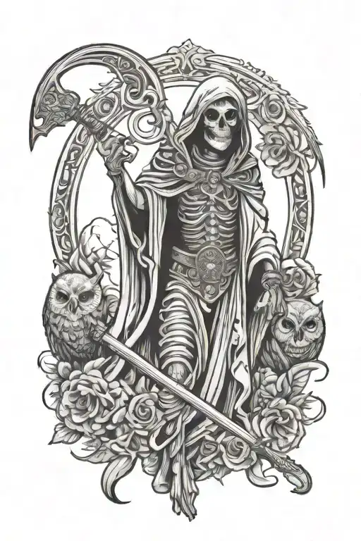 Santa Muerte With Scythe And Owl
