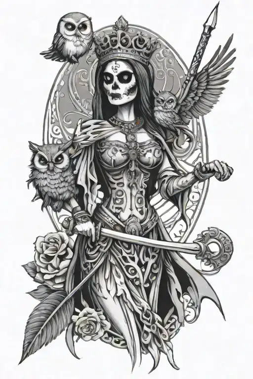 Beautiful Feminine Santa Muerte Wearing Crown With Scythe And Owl