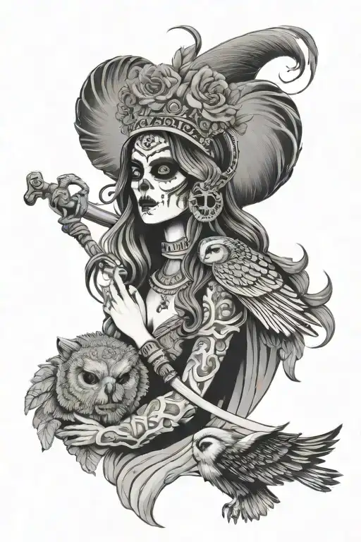 Beautiful Feminine Santa Muerte Wearing Crown With Scythe And Owl