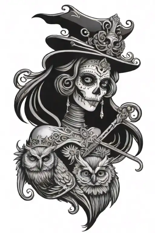 Queen Santa Muerte Wearing Crown With Scythe And Owl