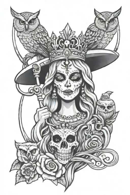 Queen Santa Muerte Wearing Crown With Scythe And Owl
