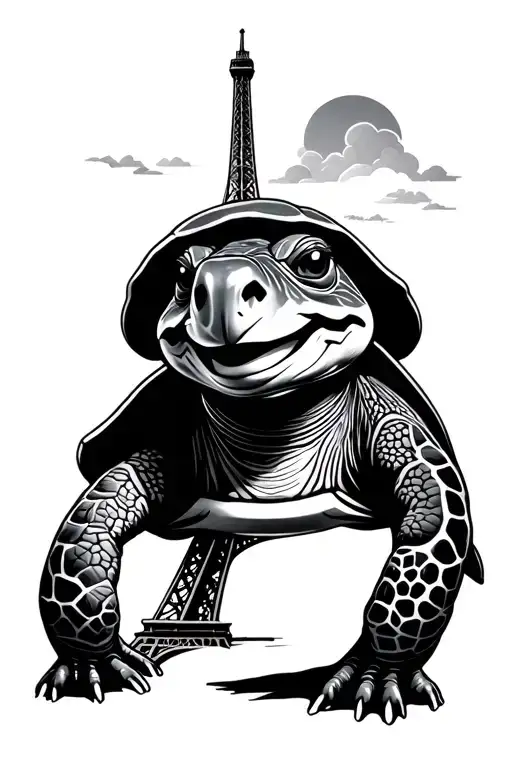 The Eiffel Tower And A Smiling Turtle Wearing