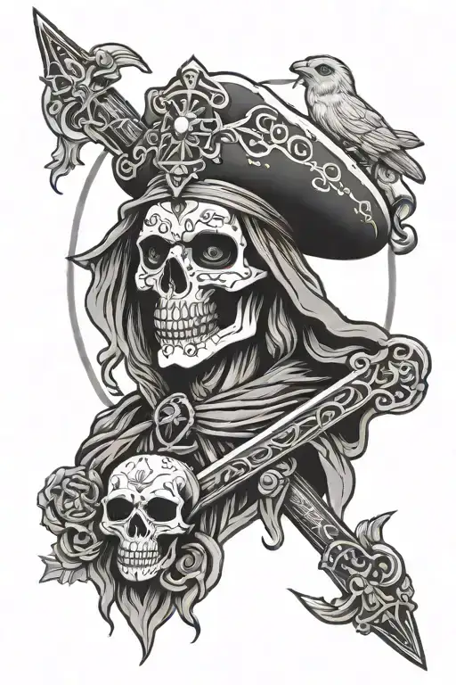 Santa Muerte Wearing Crown With Scythe And Owl