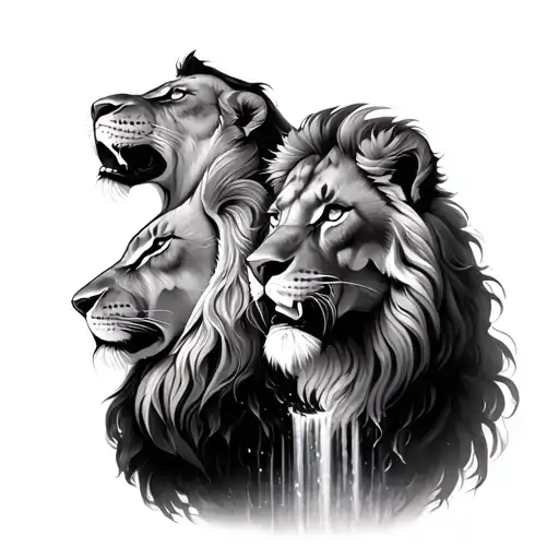 Lion & Lioness With Waterfall Flowing