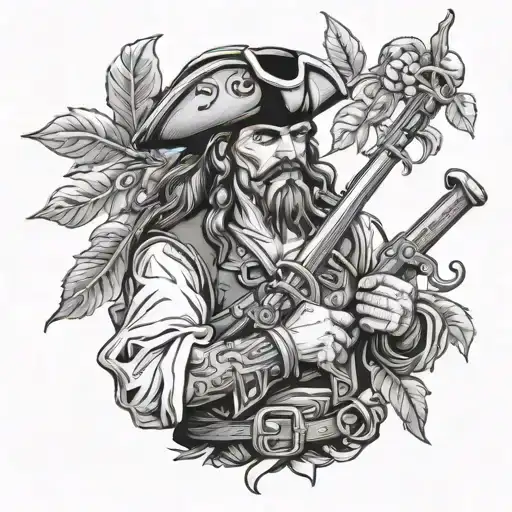 Pirate With A Musket In His Hand A Branch Of Weaving Leaves
