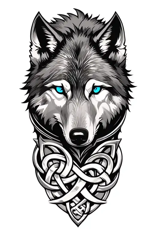 Wolf With Blue Eyes On Armor Tattoo Design Featuring Celtic Trinity Knot