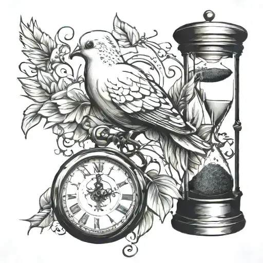 A Dove With A Pocket Watch And An Hourglass