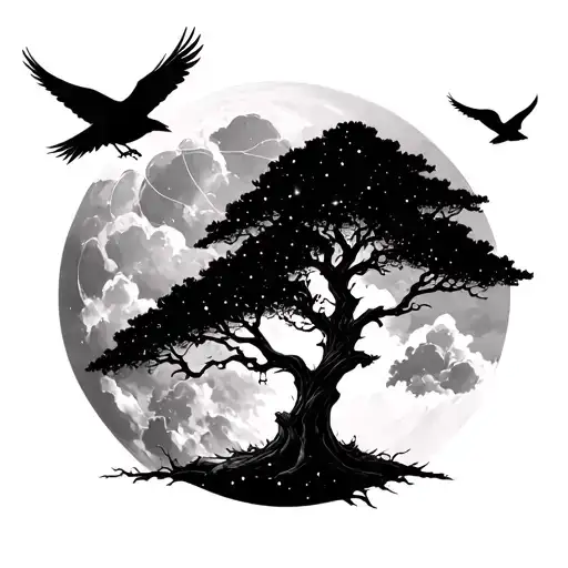 Cypress Tree With Crows Flying With Sky Moon And Taurus Constellation