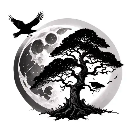 Cypress Tree With Small Crows Flying With Sky Moon And Taurus Constellation