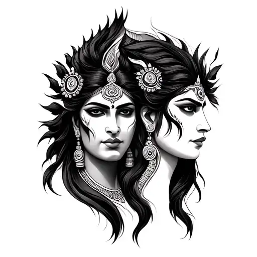 Kali And Shiva Fierce Faces Side By Side Transitioning Into Each Other Indian Style