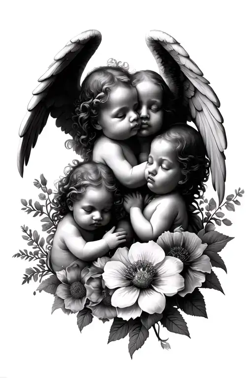 3 Baby Angels Hear No Speak No See And Flowers