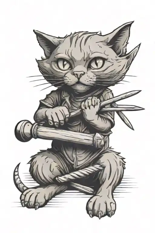 A Black And Grey Tattoo Of A Cat With Drumsticks