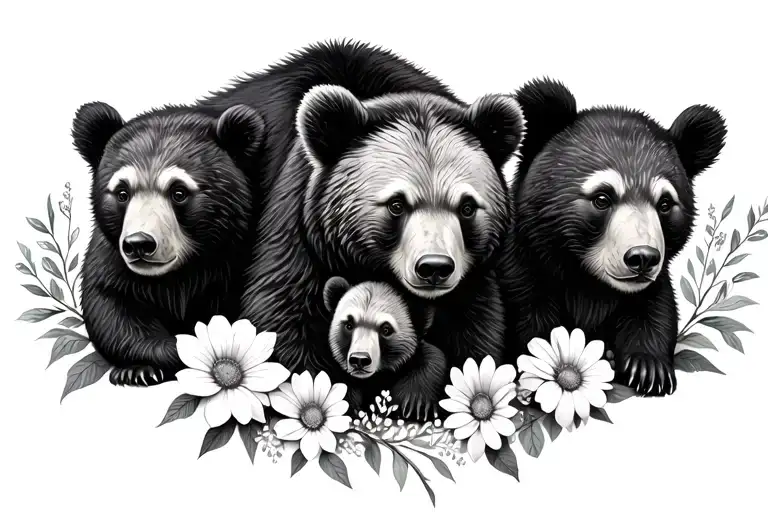Mama Bear With 3 Cubs With Birth Flowers