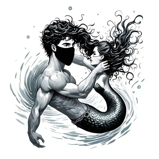Island Boy Wearing Ski Mask Trying To Grab Hair Of A Mermaid As She Swims Away From Him