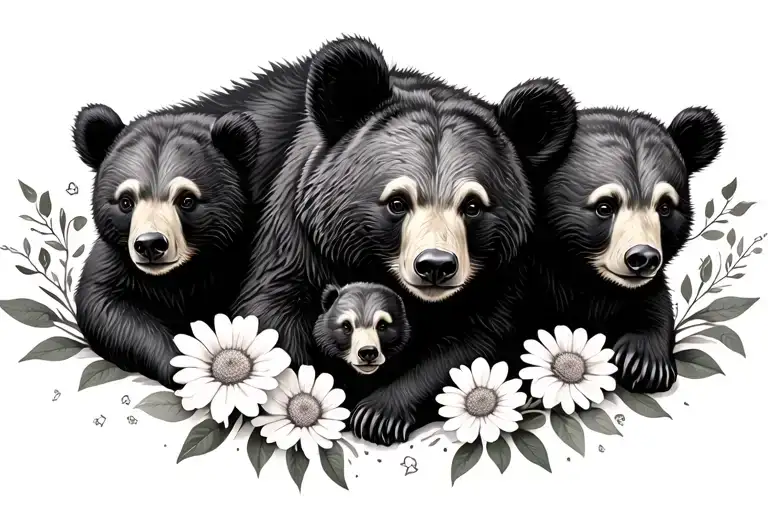 Mama Bear With 3 Cubs With Birth Flowers