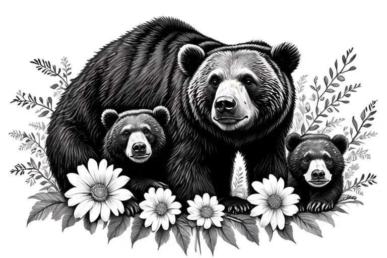 Mama Bear With 3 Cubs Following Behind With Birth Flowers