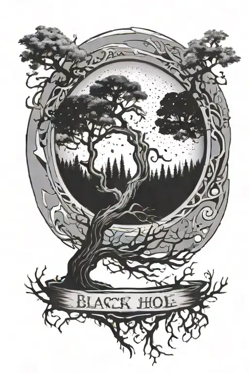 Black Hole Above World Tree With Text Beging And The End