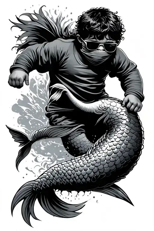 Young Fat Boy From The Hood Wearing Ski Mask And Sunglasses Trying To Chase A Mermaid
