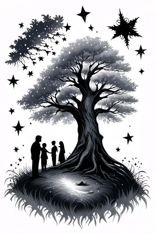 Family With Tree And Stars