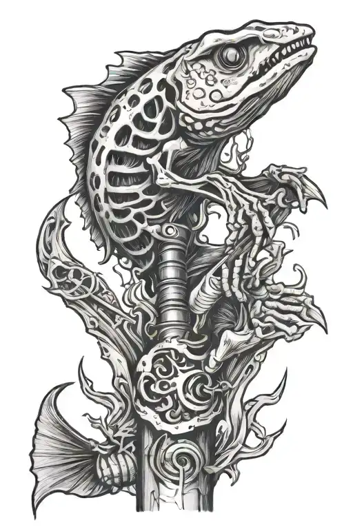 Fishing Rod Side Pointer Finger With Skeleton Fish On Middle Fingetattoo
