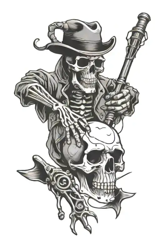 Fishing Rod Pointer Finger With Skeleton Tattoo Depicting