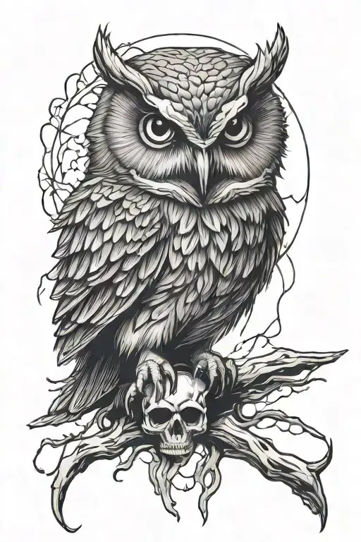 Angry Owl Perched On Skull