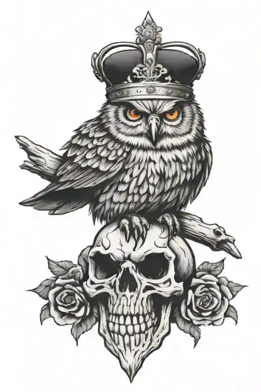 Angry Owl Perched On Skull Wearing A Crown