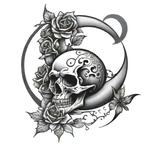 Waxing Crescent Moon With Skulls And Flowers Punk Rock Inspired