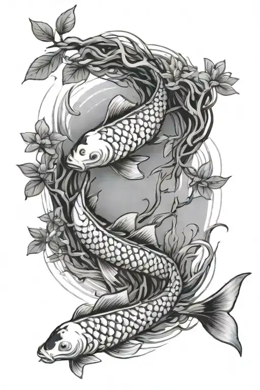 A Koi Fish In A River Lined With Towering Trees And A Olive Tree