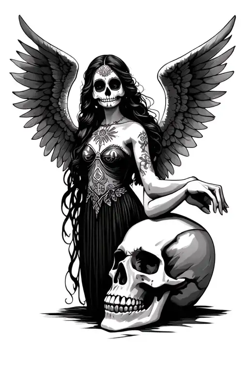 Day Of The Dead Female Angel With Hand Over A Skull