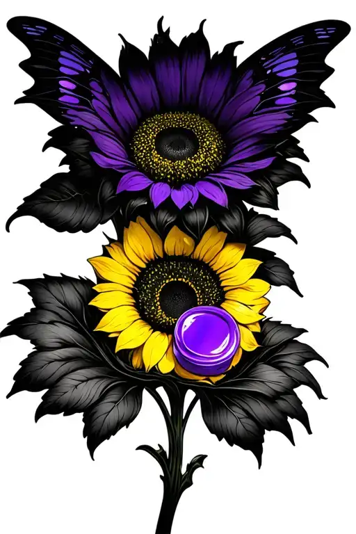 Yellow And Black Sunflower With Purple Butter Fly