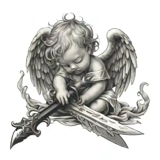 Baby Angel Sleeping On Sword And Covering The Sword With Wings