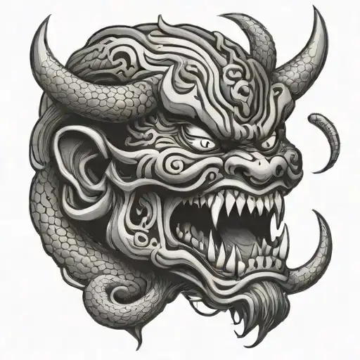 Japanese Oni Mask With Snake Crawling Through The Mouth And Eyes