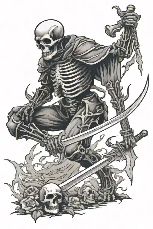 Skeleton Solider With Stands With Sword Down With Blood
