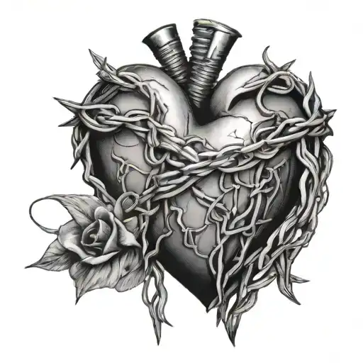 Broken Heart Covered In Barbed Wire Around It