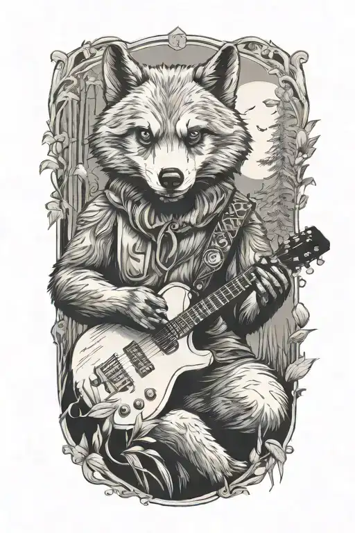 A Nature Scene Featuring Wolf Panda Playing A Guitar