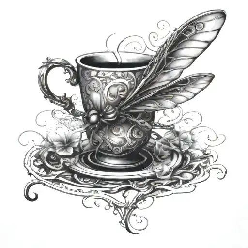 In Omnia Paratus Entwined To Form A Dragonfly With An Umbrella And A Cup Of Coffee