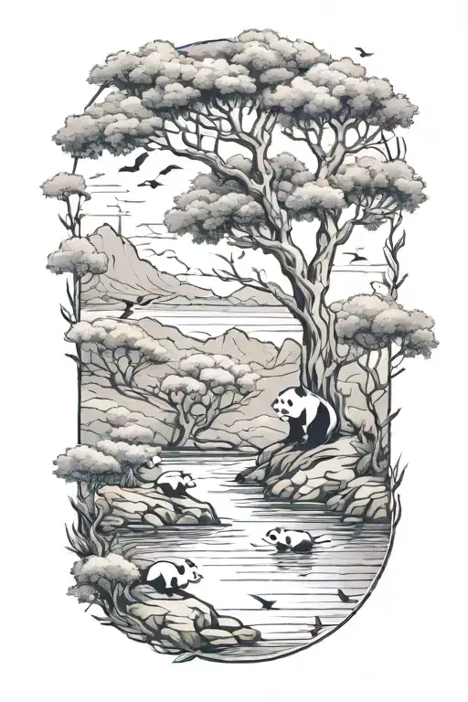 Landscape With A River An Olive Tree A Well A Panda And Birds Flying