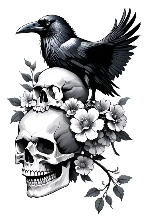 Raven O Top Of Skulls With Flowers Blooming