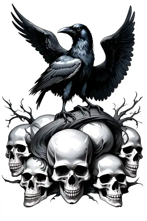 Raven With Wings Open On Top Of Skulls